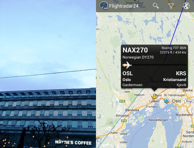 Va?! Ser du inte den lilla lilla pricken nästan högst upp? Och att den har röd nos?! Skaffa glasögon alltså....DY270 från Oslo till Kristiansand är på väg!