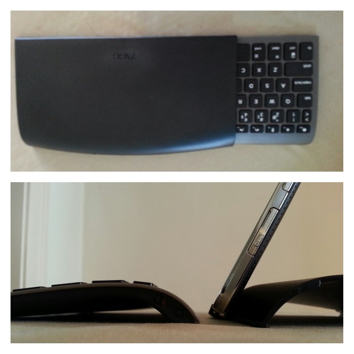 Zagg Universal sticks in i det skyddande fodralet när man inte använder den, laddas enkelt med vanlig micro-USB (samma som Note'n) och batteriet håller en mindre evighet.  Bilden under visar hur det ser ut från sidan. Slankt och enkelt, lätt böjt tangentbord.