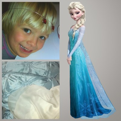 Utgångsläget: Elsa från filmen Frost, ljusblått tyg och ett entusiastiskt barn.